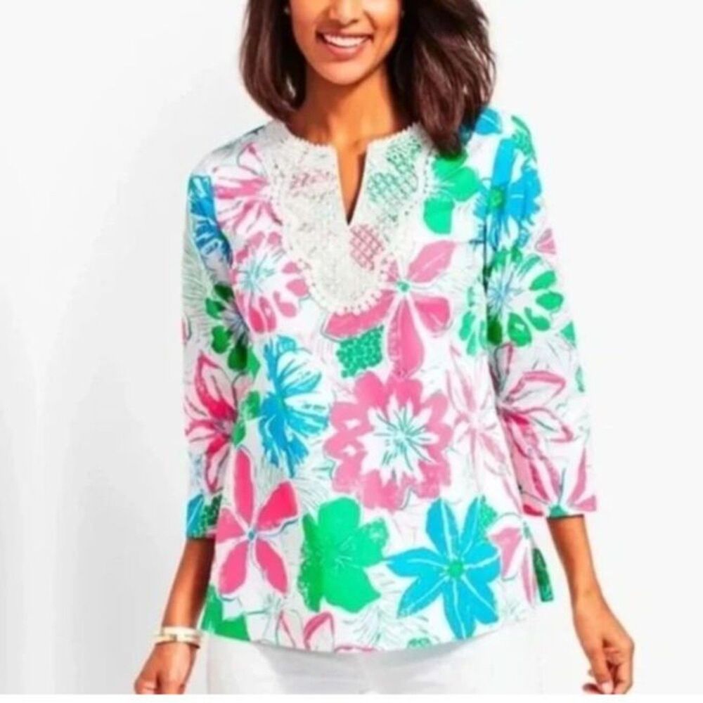 Talbots Women's NWOT Pink Green Tropical Floral 3/4 Sleeve Tunic Top Size XS